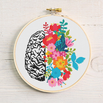 Floral Brain Cross Stitch, Instant Download PDF, Counted X Stitch, Easy Cross Stitch, Human X Stitch Design, Mental Health Gift, Boho Gift