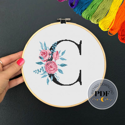 Letter C Cross Stitch, Instant Download PDF, Modern X Stitch Pattern, Floral Monogram, Easy x Stitch, Counted Cross Stitch Chart, Embroidery
