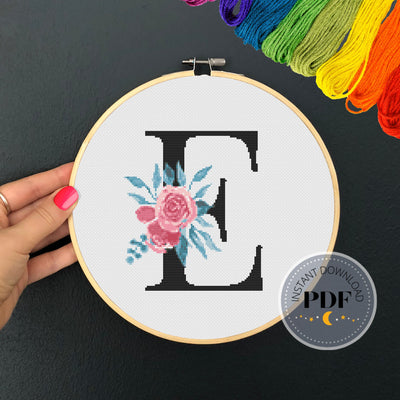 Letter E X Stitch, Instant Download PDF, Modern X Stitch Pattern, Floral Monogram, Easy x Stitch, Counted Cross Stitch Chart, Embroidery