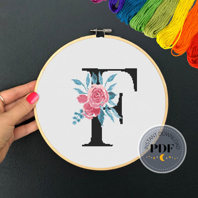 Letter F X Stitch, Instant Download PDF, Modern X Stitch Pattern, Floral Monogram, Easy x Stitch, Counted Cross Stitch Chart, Embroidery