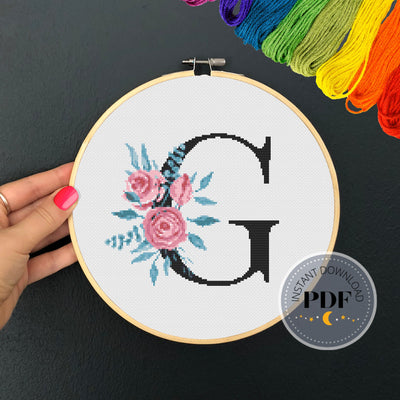 Letter G X Stitch, Instant Download PDF, Modern X Stitch Pattern, Floral Monogram, Easy x Stitch, Counted Cross Stitch Chart, Embroidery