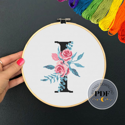 Letter I X Stitch, Instant Download PDF, Modern X Stitch Pattern, Floral Monogram, Easy x Stitch, Counted Cross Stitch Chart, Embroidery