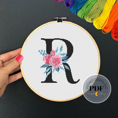 Letter R Pattern, Instant Download PDF, Modern X Stitch Pattern, Botanical Monogram, Easy x Stitch, Counted Cross Stitch Chart, Embroidery