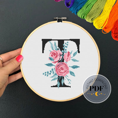 Letter T Pattern, Instant Download PDF, Modern X Stitch Pattern, Botanical Monogram, Easy x Stitch, Counted Cross Stitch Chart, Embroidery