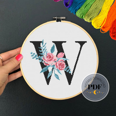 Letter W Pattern, Instant Download PDF, Modern X Stitch Pattern, Botanical Monogram, Easy x Stitch, Counted Cross Stitch Chart, Embroidery