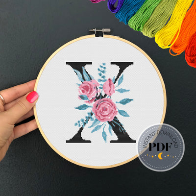 Letter X Pattern, Instant Download PDF, Modern X Stitch Pattern, Botanical Monogram, Easy x Stitch, Counted Cross Stitch Chart, Embroidery