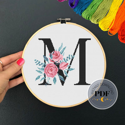 Letter M X Stitch, Instant Download PDF, Modern X Stitch Pattern, Botanical Monogram, Easy x Stitch, Counted Cross Stitch Chart, Embroidery