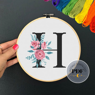 Letter H X Stitch, Instant Download PDF, Modern X Stitch Pattern, Floral Monogram, Easy x Stitch, Counted Cross Stitch Chart, Embroidery