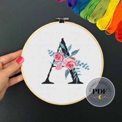 Letter A Cross Stitch, Instant Download PDF, Modern X Stitch Pattern, Floral Monogram, Easy x Stitch, Counted Cross Stitch Chart, Embroidery