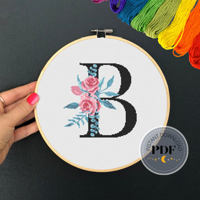 Letter B Cross Stitch, Instant Download PDF, Modern X Stitch Pattern, Floral Monogram, Easy x Stitch, Counted Cross Stitch Chart, Embroidery