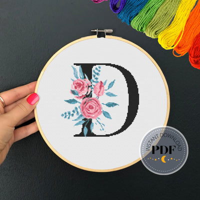 Letter D Cross Stitch, Instant Download PDF, Modern X Stitch Pattern, Floral Monogram, Easy x Stitch, Counted Cross Stitch Chart, Embroidery