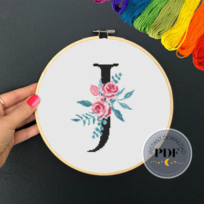 Letter J X Stitch, Instant Download PDF, Modern X Stitch Pattern, Floral Monogram, Easy x Stitch, Counted Cross Stitch Chart, Embroidery