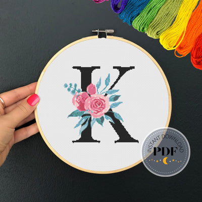 Letter K X Stitch, Instant Download PDF, Modern X Stitch Pattern, Floral Monogram, Easy x Stitch, Counted Cross Stitch Chart, Embroidery