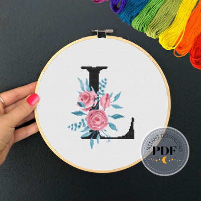 Letter L X Stitch, Instant Download PDF, Modern X Stitch Pattern, Botanical Monogram, Easy x Stitch, Counted Cross Stitch Chart, Embroidery