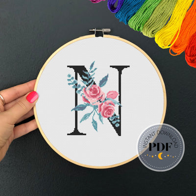 Letter N X Stitch, Instant Download PDF, Modern X Stitch Pattern, Botanical Monogram, Easy x Stitch, Counted Cross Stitch Chart, Embroidery