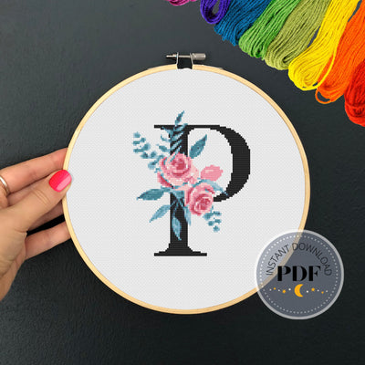 Letter P Monogram, Instant Download PDF, Modern X Stitch Pattern, Botanical Monogram, Easy x Stitch, Counted Cross Stitch Chart, Embroidery