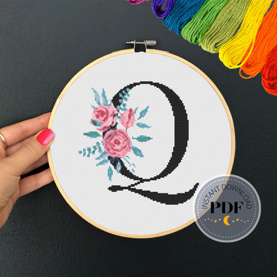 Letter Q Monogram, Instant Download PDF, Modern X Stitch Pattern, Botanical Monogram, Easy x Stitch, Counted Cross Stitch Chart, Embroidery