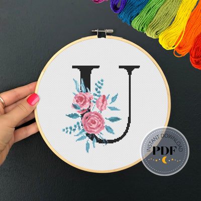 Letter U Pattern, Instant Download PDF, Modern X Stitch Pattern, Botanical Monogram, Easy x Stitch, Counted Cross Stitch Chart, Embroidery