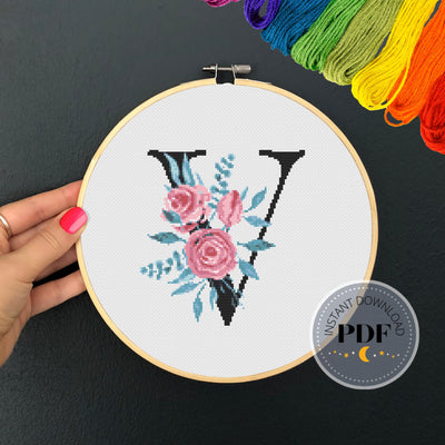 Letter V Pattern, Instant Download PDF, Modern X Stitch Pattern, Botanical Monogram, Easy x Stitch, Counted Cross Stitch Chart, Embroidery