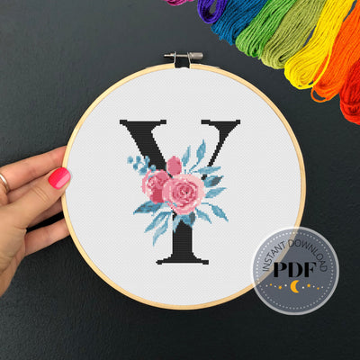 Letter Y X Stitch, Instant Download PDF, Modern X Stitch Pattern, Botanical Monogram, Easy x Stitch, Counted Cross Stitch Chart, Embroidery