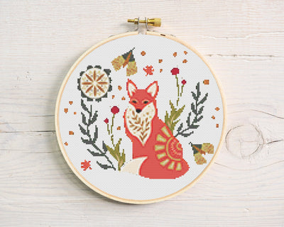 Floral Fox Cross Stitch, Instant Download PDF Pattern, Counted Cross Stitch, Cute X Stitch Chart, Embroidery Pattern, Cross Stitch Pattern