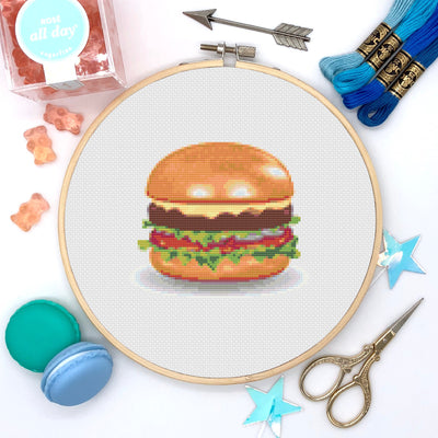 Hamburger Cross Stitch, Instant Download PDF Pattern, Counted Cross Stitch, Modern Cross Stitch Chart, Embroidery Pattern, Food Cross Stitch