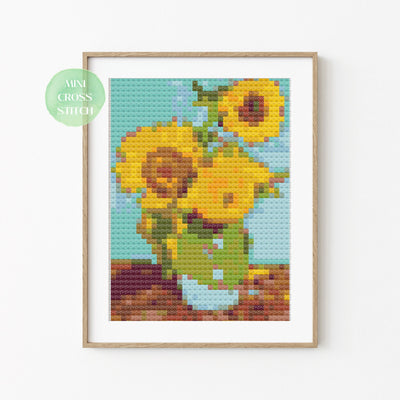 Miniature Cross Stitch Pattern, Three Sunflowers, Instant Download PDF Pattern, Counted Cross Stitch, Cross Stitch Chart, van Gogh Wall Art