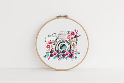 Floral Camera Cross Stitch, Instant Download PDF Pattern, Counted Cross Stitch, Modern Cross Stitch Chart, Embroidery Pattern, Teacher Gift