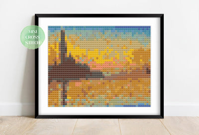 Tiny Cross Stitch Pattern, Claude Monet at Dusk, Instant Download PDF, Wall Art Gift, Counted X Stitch Chart, Museum Moving Gift, Boho Art