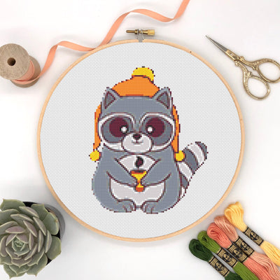 Racoon Cross Stitch Pattern, Instant Download PDF Pattern, Animal Counted X Stitch Chart, Boho Wall Art, Moving Gift, Aesthetic Room Decor