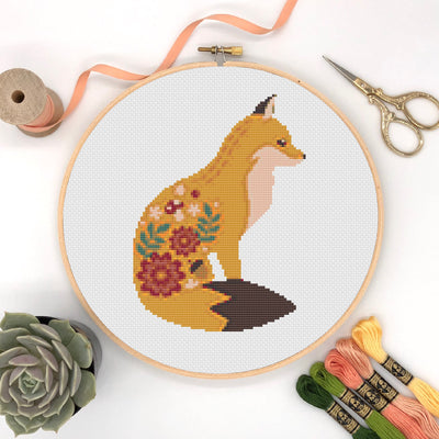 Floral Fox Cross Stitch Pattern, Instant Download PDF Pattern, Counted Cross Stitch Chart, Boho Wall Art, Moving Gift, Woodland Room Decor