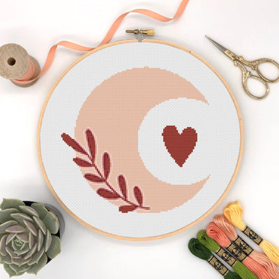 Boho Cross Stitch Pattern, Instant Download PDF Pattern, Counted Cross Stitch Chart, Moon Heart Wall Art, Moving Gift Idea, Home Room Decor