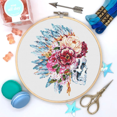 Flower Skull Cross Stitch, Instant Download PDF, Modern X Stitch Pattern, Botanical Decor, Boho Home Decor, Easy X Stitch, X Stitch Design