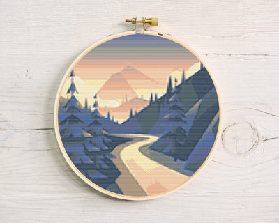 Mountain Cross Stitch, Instant Download PDF Pattern, Counted Cross Stitch, Modern Cross Stitch Chart, Embroidery Pattern, Moon Tree Pattern
