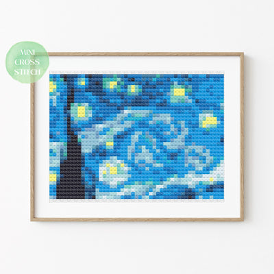Mini Cross Stitch Pattern, Starry Night, Instant Download PDF Pattern, Counted Cross Stitch, Cross Stitch Chart, Vincent van Gogh Painting