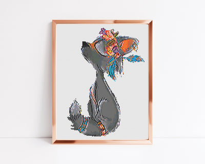 Wolf Cross Stitch Pattern, Instant Download PDF Pattern, Boho Counted Cross Stitch Chart, Boho Wall Art, Moving Gift, Aesthetic Room Decor