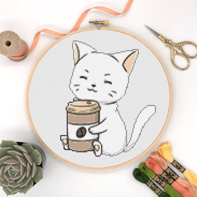 Coffee Cat Cross Stitch, Instant Download PDF Pattern, Counted Cross Stitch Chart, Coffee Lover, Boho Room Decor, Digital Art, Moving Gift