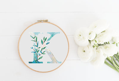 Letter K X Stitch, Instant Download PDF, Modern X Stitch Pattern, Floral Monogram, Easy x Stitch, Counted Cross Stitch Chart, Embroidery