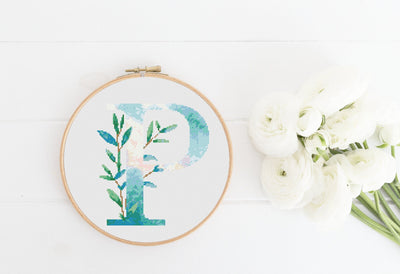 Letter P Monogram, Instant Download PDF, Modern X Stitch Pattern, Botanical Monogram, Easy x Stitch, Counted Cross Stitch Chart, Embroidery