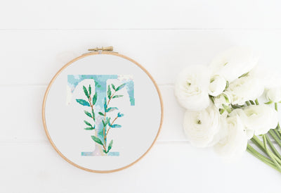 Letter T Pattern, Instant Download PDF, Modern X Stitch Pattern, Botanical Monogram, Easy x Stitch, Counted Cross Stitch Chart, Embroidery