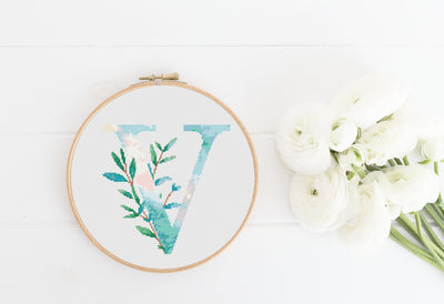 Letter V Pattern, Instant Download PDF, Modern X Stitch Pattern, Botanical Monogram, Easy x Stitch, Counted Cross Stitch Chart, Embroidery