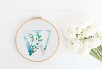 Letter W Pattern, Instant Download PDF, Modern X Stitch Pattern, Botanical Monogram, Easy x Stitch, Counted Cross Stitch Chart, Embroidery