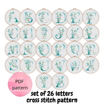 Letter Set Cross Stitch, Instant Download PDF, Modern Cross Stitch Pattern, Floral Monogram, Alphabet Set, Kreuzstich ABC, Christmas Gift