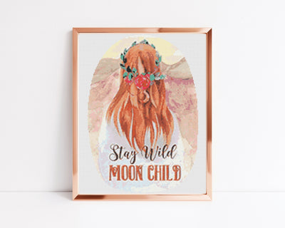 Moon Child Cross Stitch, Instant Download PDF Pattern, Counted Cross Stitch Chart, Boho Wall Art Gift, Aesthetic Room Decor, Digital Design