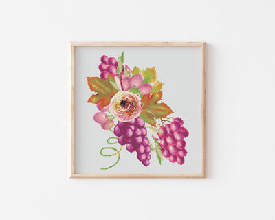 Grapes Cross Stitch Pattern, Instant Download PDF, Modern X Stitch, Embroidery Chart, Fall Boho Art, Counted Cross Stitch, Mothers Day Gift