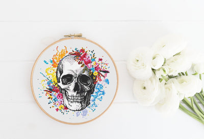 Flower Skull Cross Stitch, Instant Download PDF Pattern, Counted Cross Stitch Chart, Boho Wall Art Gift, Rustic Room Decor, Digital Design