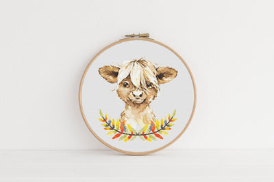Floral Cow Cross Stitch, Instant Download PDF Pattern, Counted Cross Stitch, Modern Stitch Chart, Embroidery Pattern, Highland Cow Pet Gift