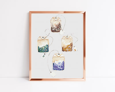 Tea Bags Cross Stitch, Instant Download PDF Pattern, Counted Cross Stitch Chart, Chai Tea Lover, Boho Room Decor, Digital Art, Moving Gift