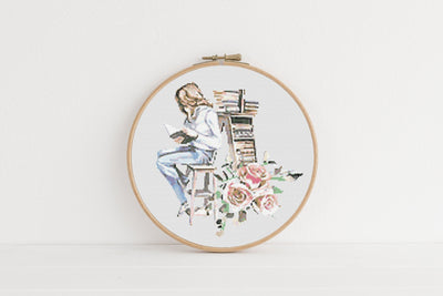 Book Lover Cross Stitch, Instant Download PDF Pattern, Counted Cross Stitch, Reader Gift Idea, Boho Embroidery Pattern, Aesthetic Room Decor