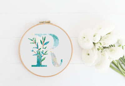 Letter R Pattern, Instant Download PDF, Modern X Stitch Pattern, Botanical Monogram, Easy x Stitch, Counted Cross Stitch Chart, Embroidery